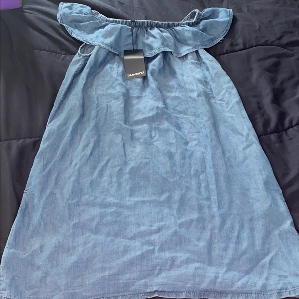Denim chambray off shoulder dress